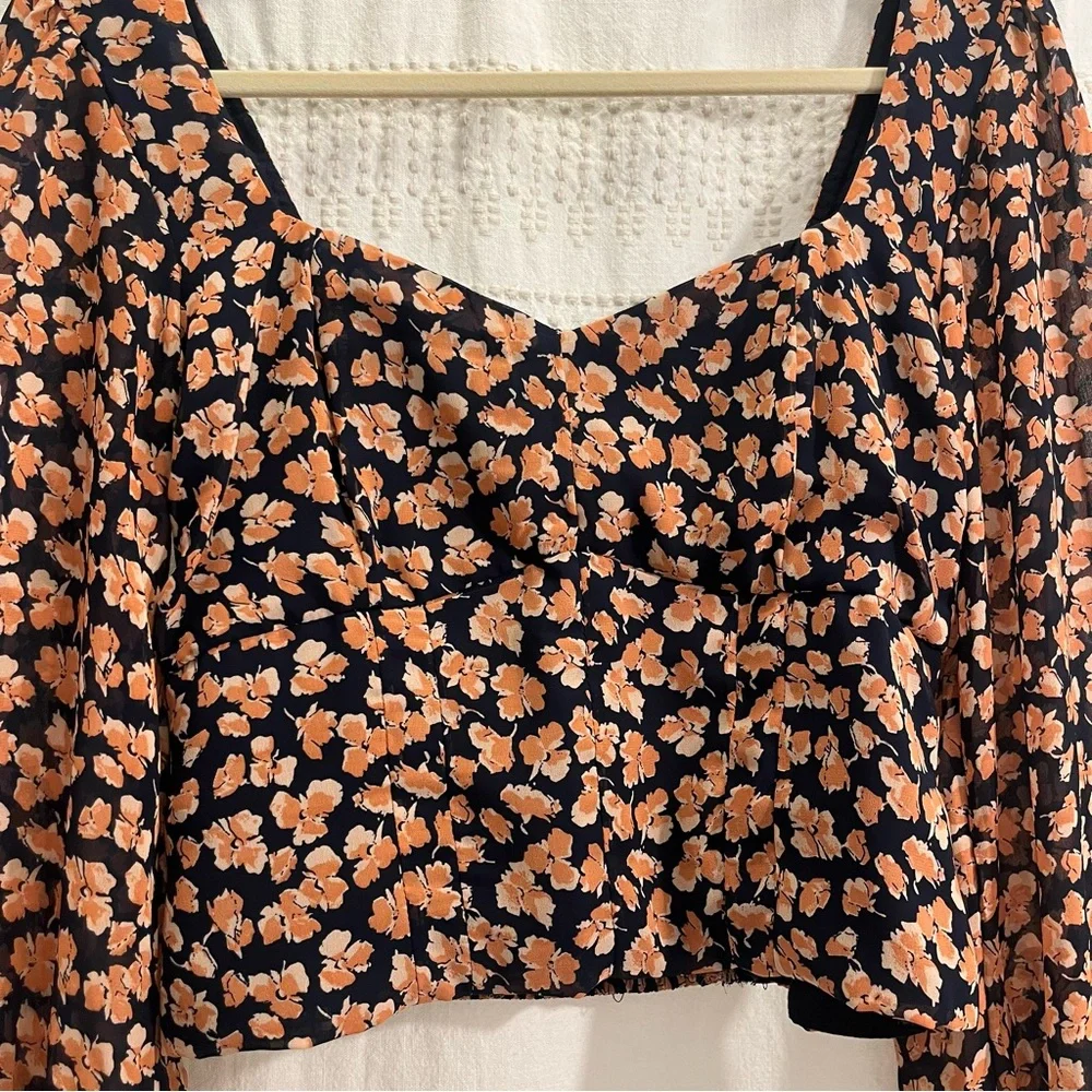 Abercrombie Sweetheart Puff-Sleeve Navy Orange Floral Poppy Print Blouse, Medium
